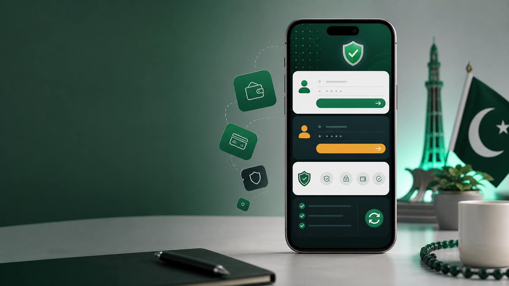 Mobile guide interface with payment and security motifs for Pakistan users